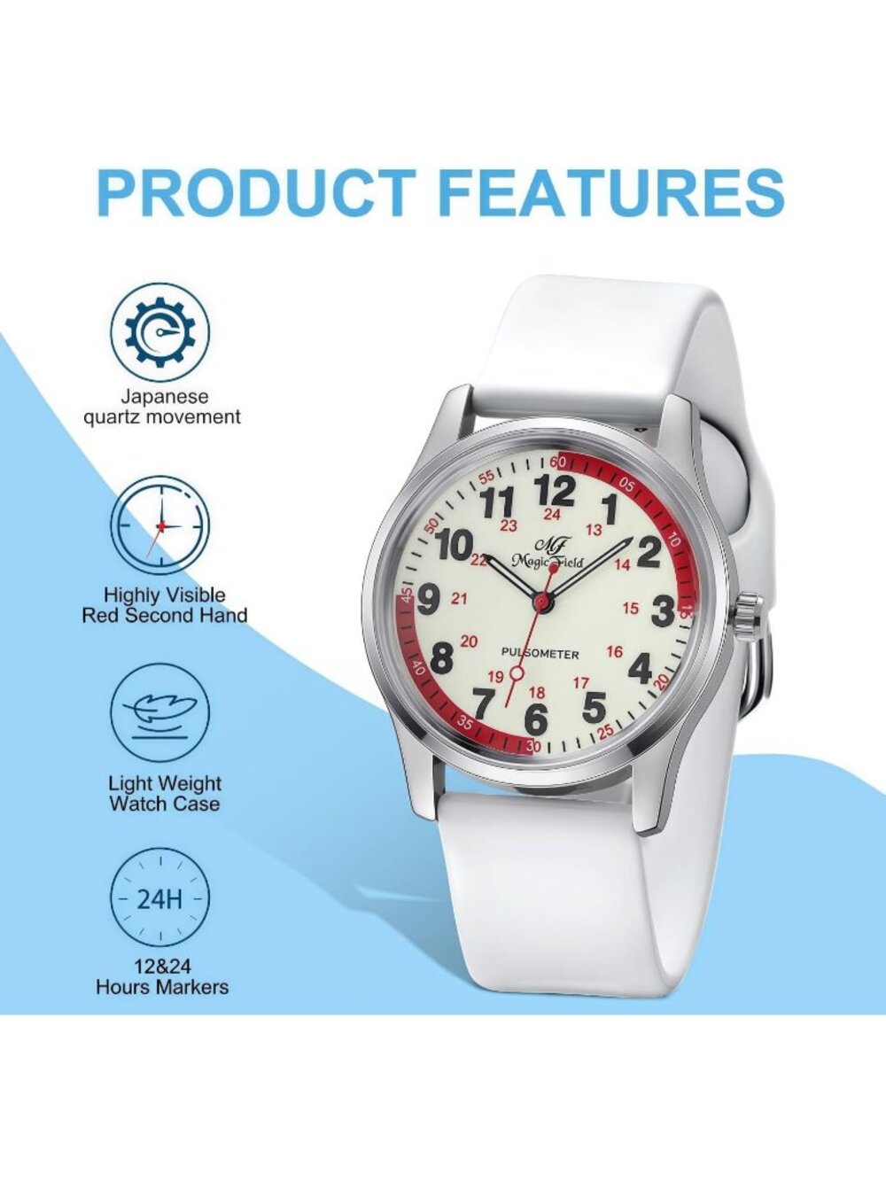 Women's Silver White Red Easy to Read Military Time Waterproof Luminous Watch - Picture 6 of 6